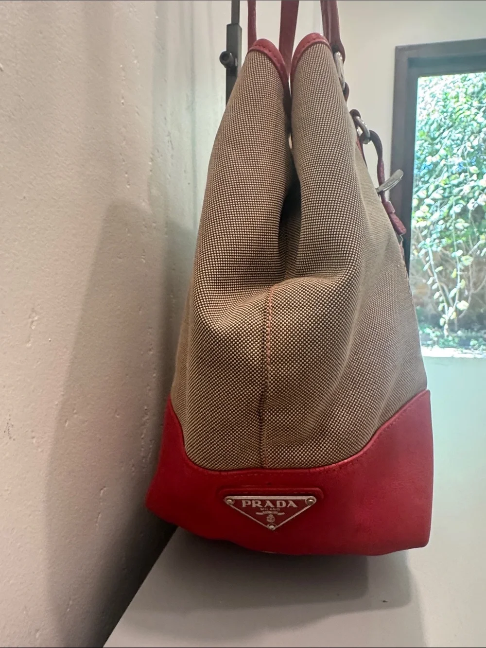 Prada Milano Canvas Tote with Red Leather Trim and Handles